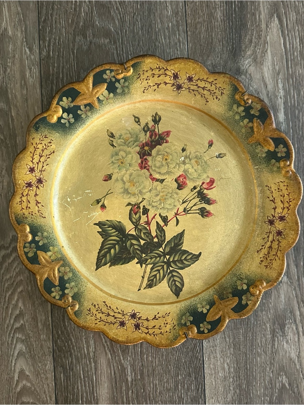Vtg Victorian Style Hand Painted Scalloped Plate Wall Hanging Roses Gold